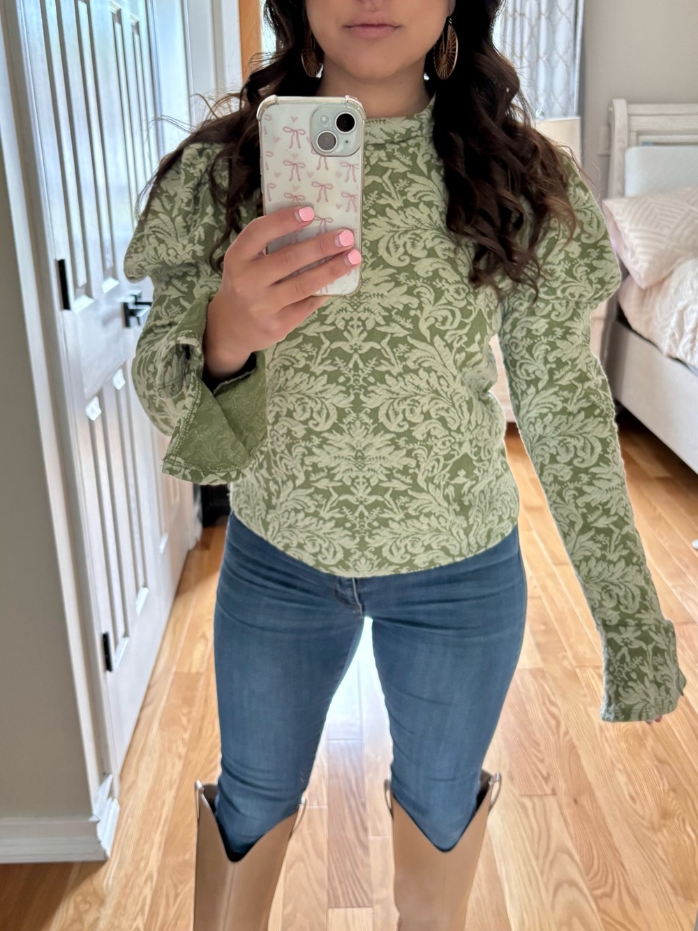 Anthropologie Sage Green Floral Jacquard Puff-Sleeve Top